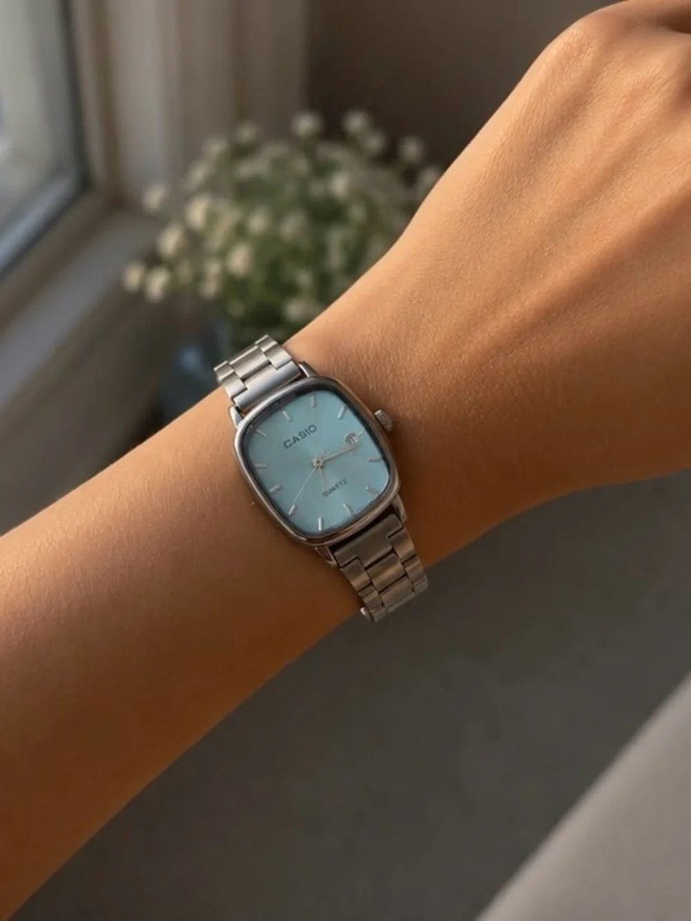 Casio Silver Bracelet Watch with Light Blue Dial